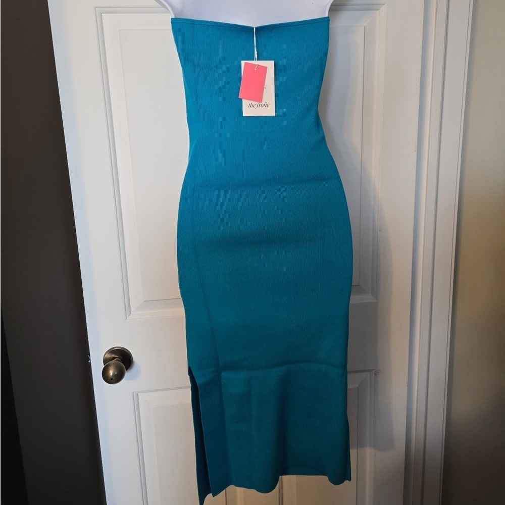 The Frolic Blue Knit Woman’s Rhea Bodycon Dress Medium NWT Slit Halter Bandeau - Picture 4 of 10